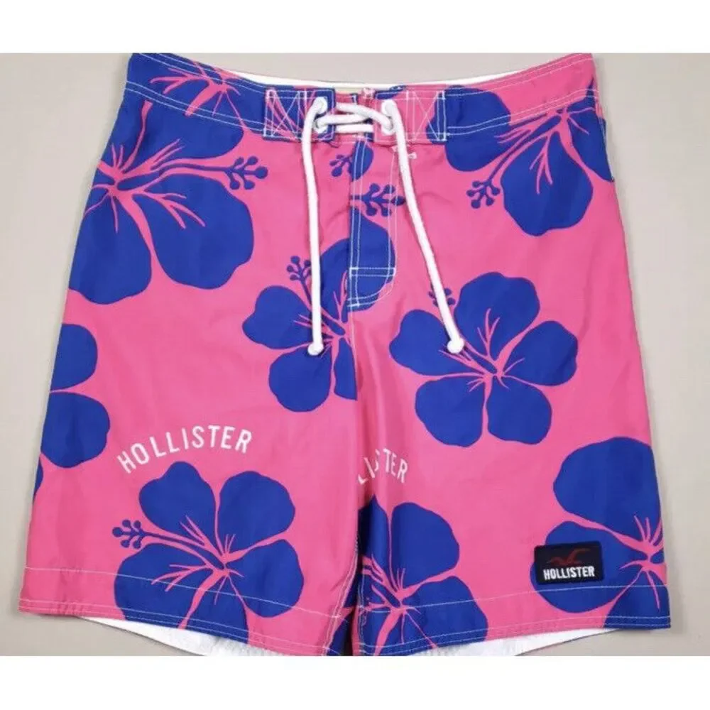 Hollister Board Shorts Mens Pink Blue Hawaiian Tropical Floral Swim Trunks Large